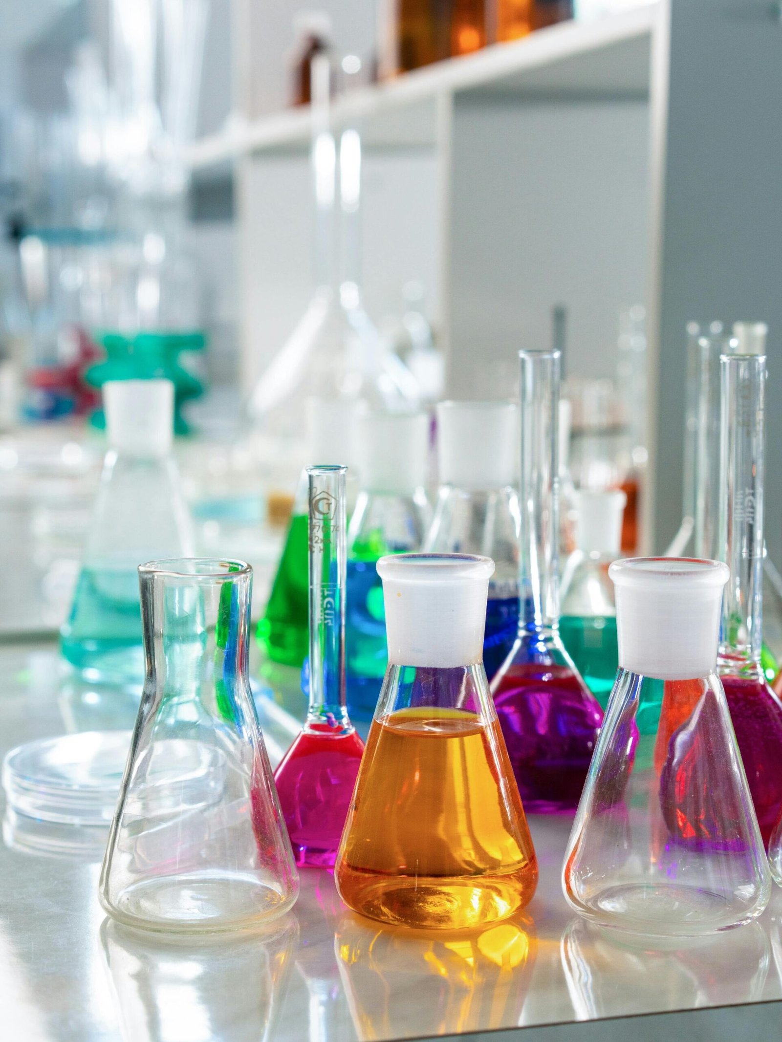 Vibrant glassware with colored solutions in a well-lit laboratory setting.